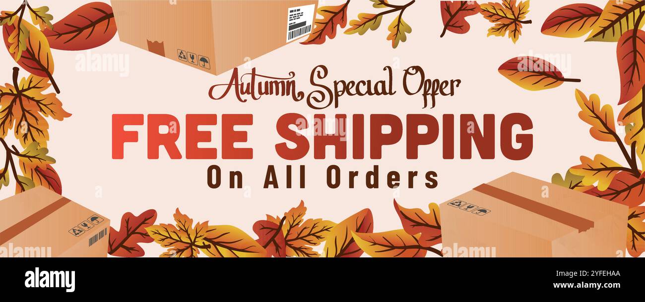 feuilles d'automne et paquet d'expédition. offre spéciale d'automne livraison gratuite sur toute l'illustration vectorielle de modèle de bannière web de commande. Illustration de Vecteur