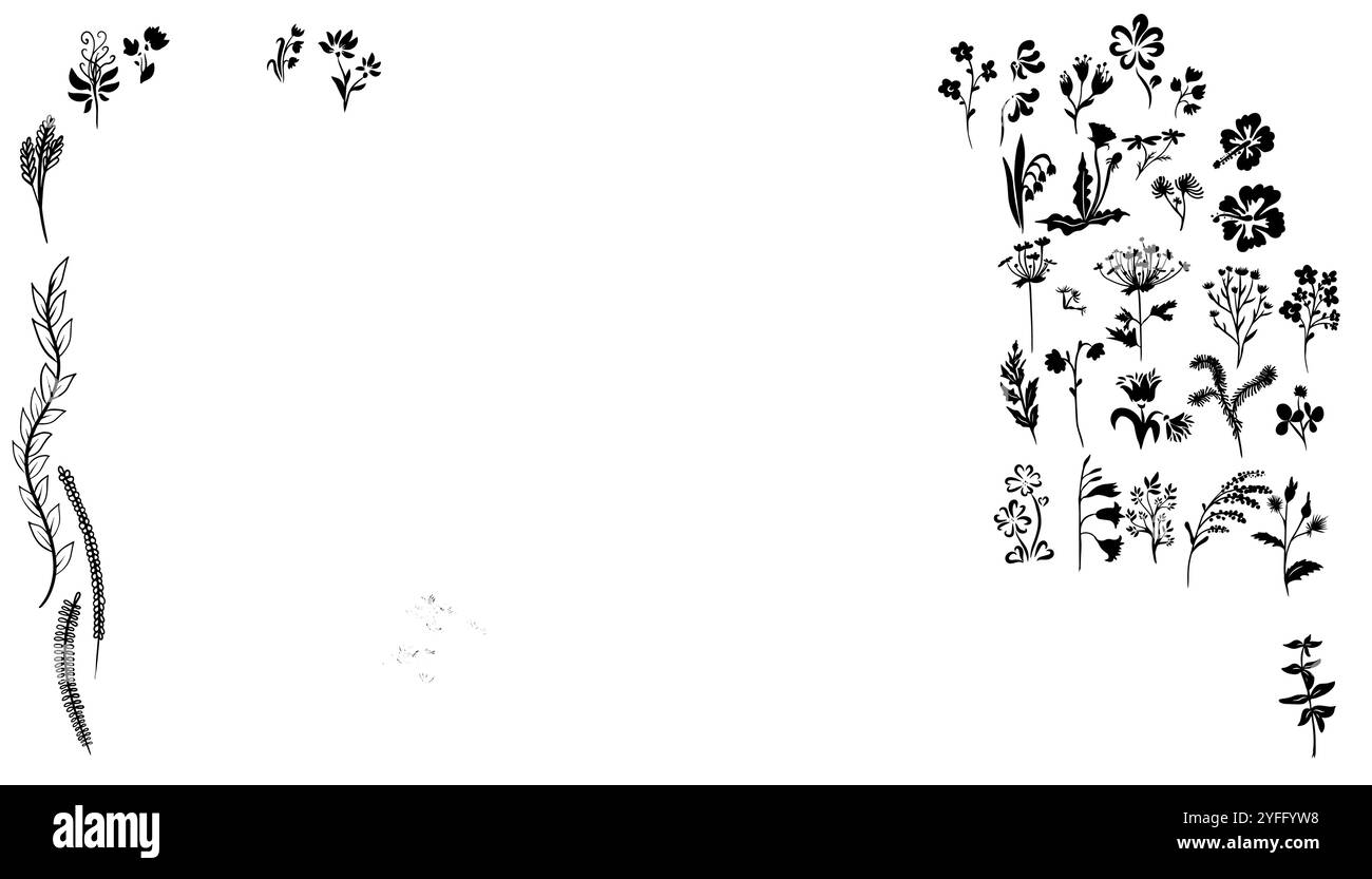Ensemble d'herbe et de fleurs. dessin à la main. Pas IA. Illustration vectorielle Illustration de Vecteur