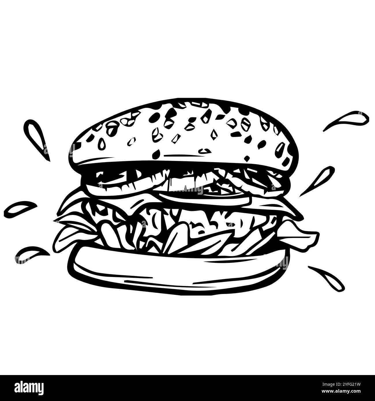 Croquis de hamburger. Illustration de hamburger dessinée à la main dans le style noir et blanc. Ligne Fast Food Art. Vecteur Cheeseburger peint par des encres noires. Restaurant Illustration de Vecteur