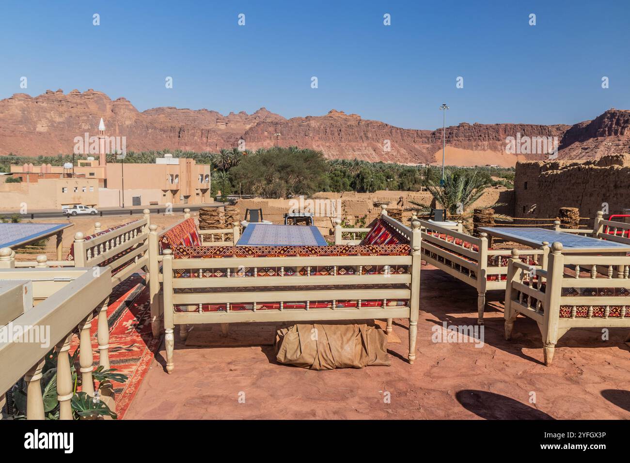 Café dans la vieille ville d'Al Ula, Arabie Saoudite Banque D'Images