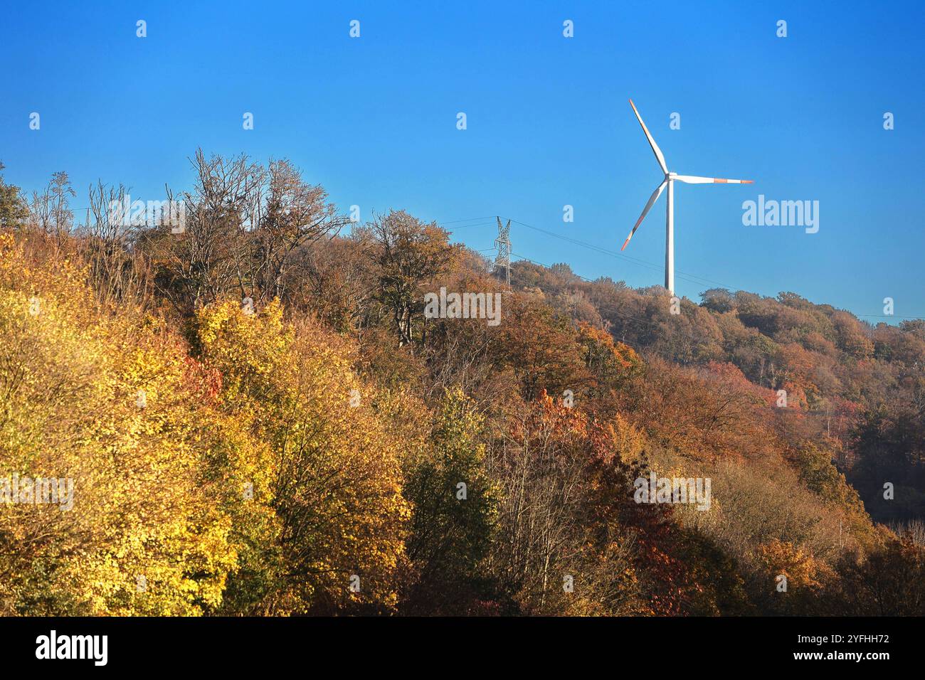 Energie durch Windkraftanlagen Eine Windkraftanlage steht an einem exponierte Ort hoch über einem Wald Essen Nordrhein-Westfalen Deutschland *** énergie des éoliennes Une éolienne se trouve dans un endroit exposé au-dessus d'une forêt Essen Rhénanie du Nord-Westphalie Allemagne Banque D'Images