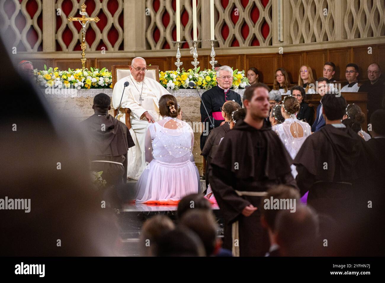 Le pape François assiste à la représentation d’une danse théâtrale sur la vie de la personnalité François d’assise. Visite papale au Luxembourg en 2024. Banque D'Images