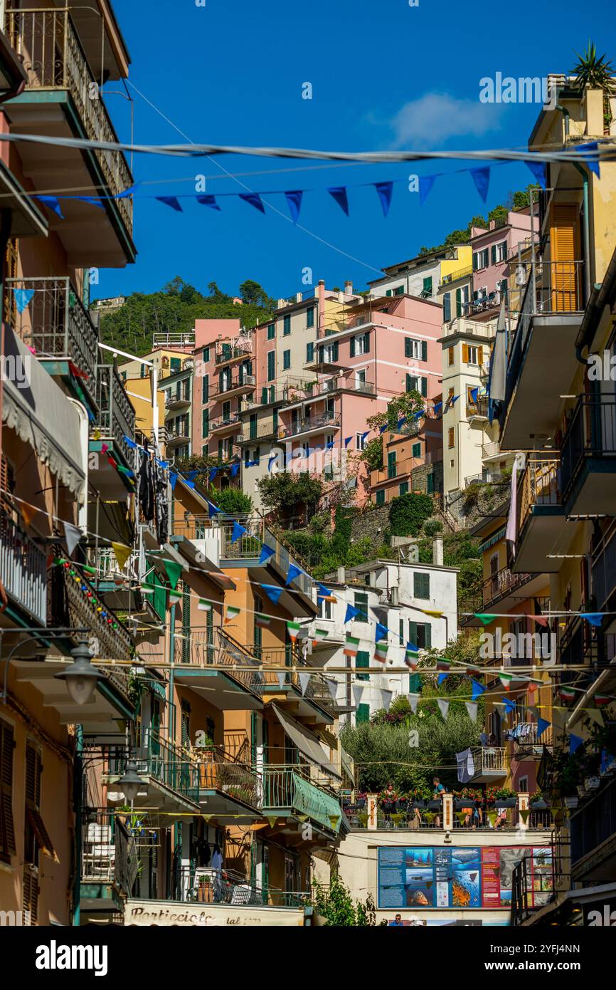 Scène de rue avec des maisons colorées de Manarola, Cinque Terre, province de la Spezia, une partie de la région de Ligurie, Italie du Nord. Banque D'Images