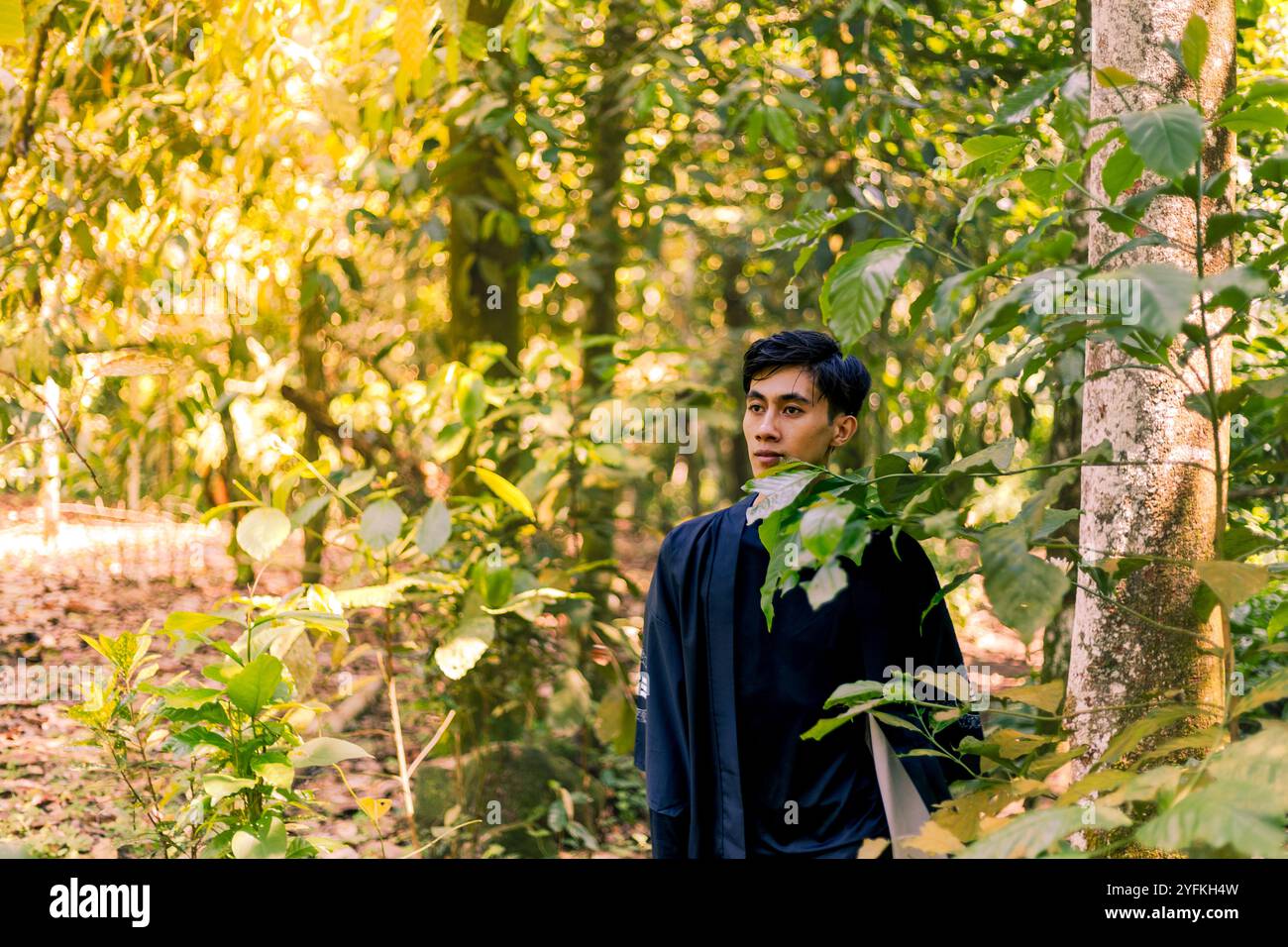 Passionné de plein air se relaxant dans un paysage forestier paisible. Paisible montagne sauvage : forêt luxuriante et collines ondulantes. Banque D'Images