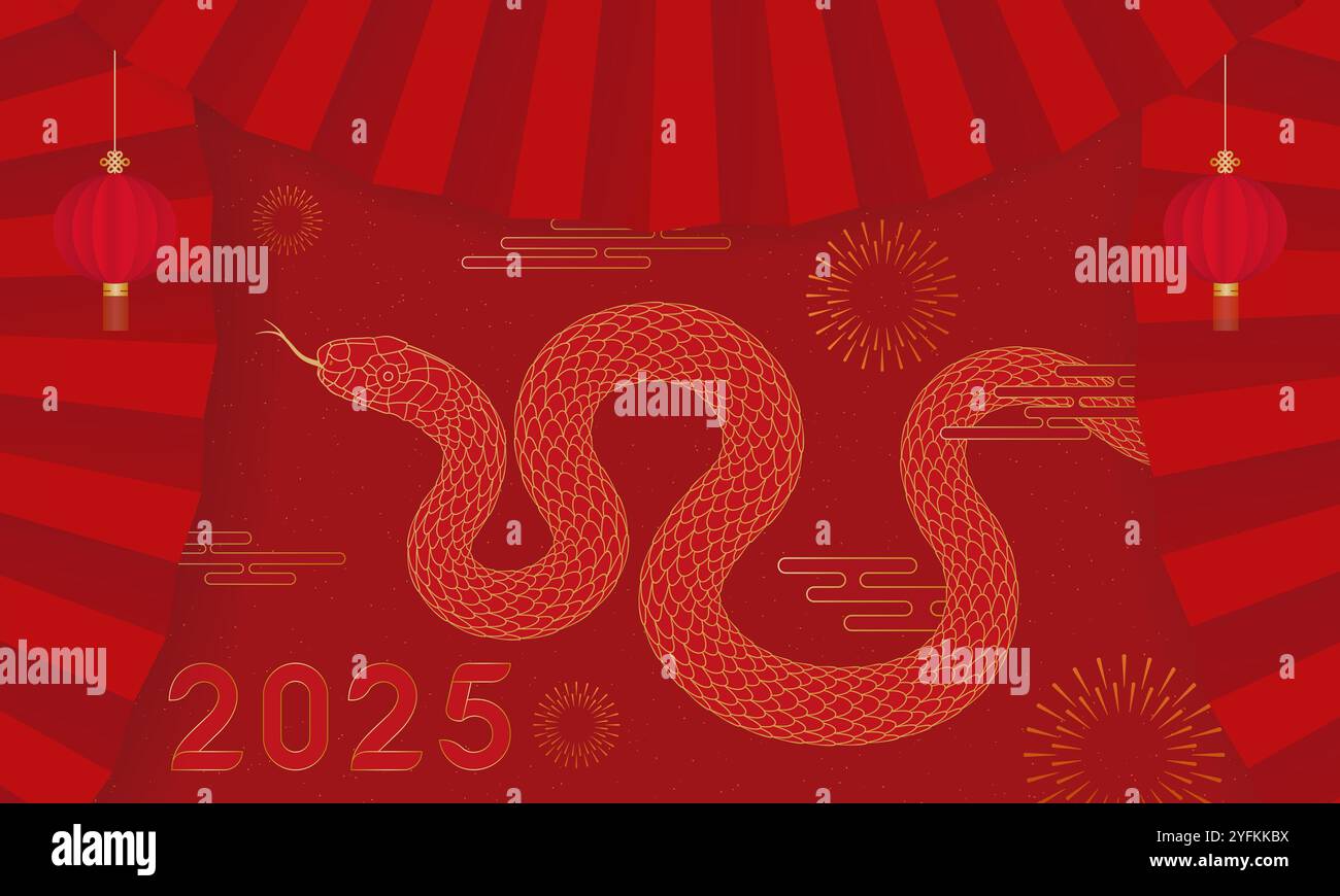 Affiche rouge festive chinoise 2025 année du serpent Illustration de Vecteur