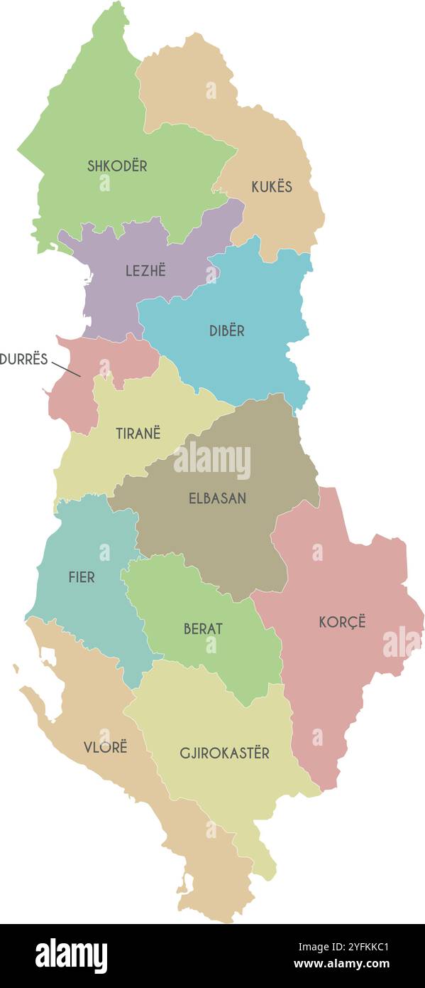Carte régionale vectorielle de l'Albanie avec les comtés ou territoires et les divisions administratives. Calques modifiables et clairement étiquetés. Illustration de Vecteur