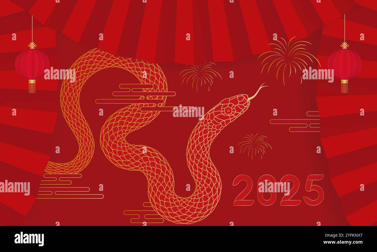 Affiche rouge festive chinoise 2025 année du serpent Illustration de Vecteur