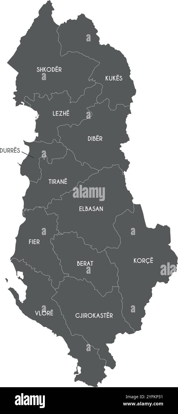 Carte régionale vectorielle de l'Albanie avec les comtés ou territoires et les divisions administratives. Calques modifiables et clairement étiquetés. Illustration de Vecteur