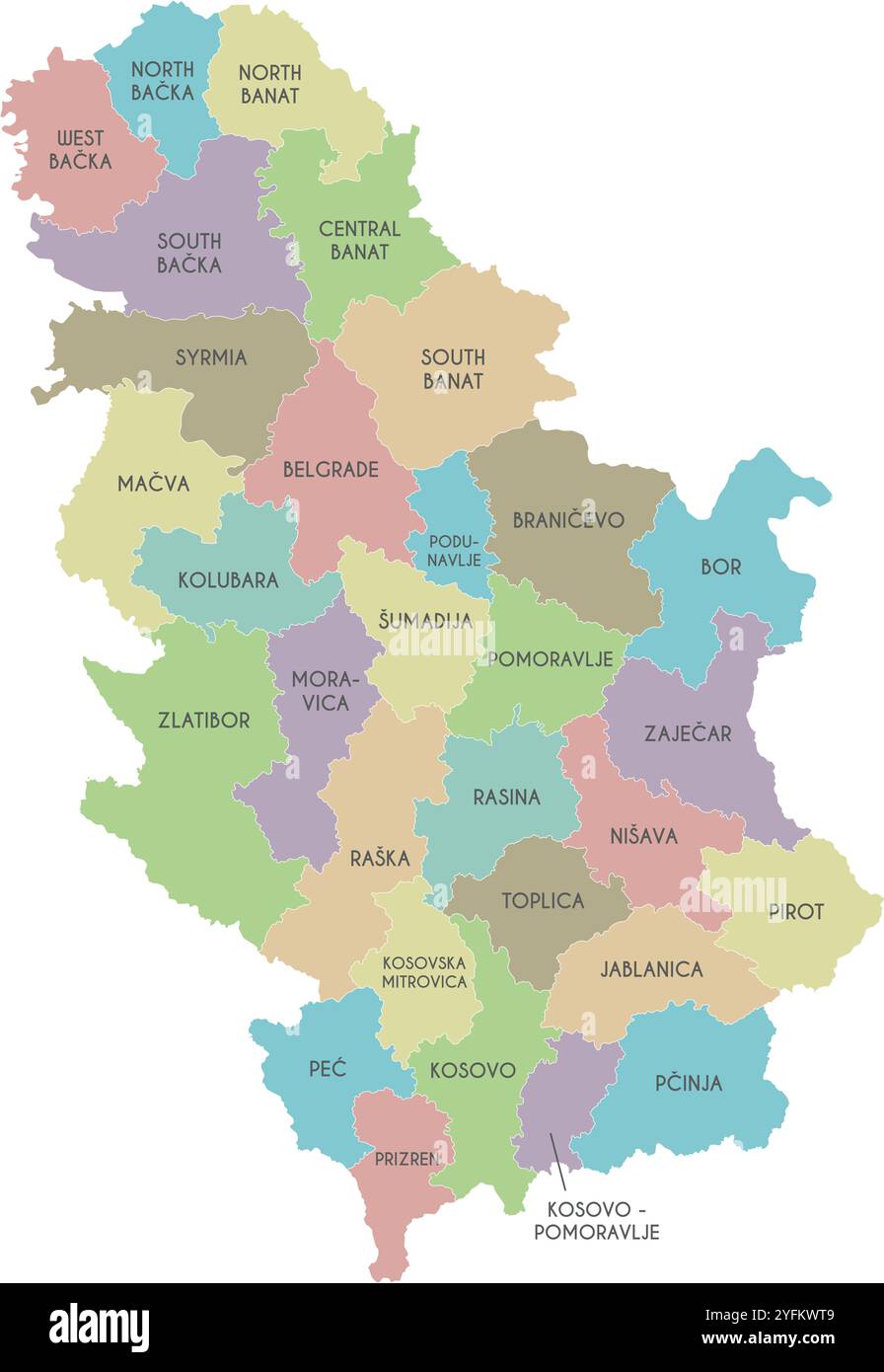 Carte régionale vectorielle de la Serbie avec districts ou territoires et divisions administratives. Calques modifiables et clairement étiquetés. Illustration de Vecteur