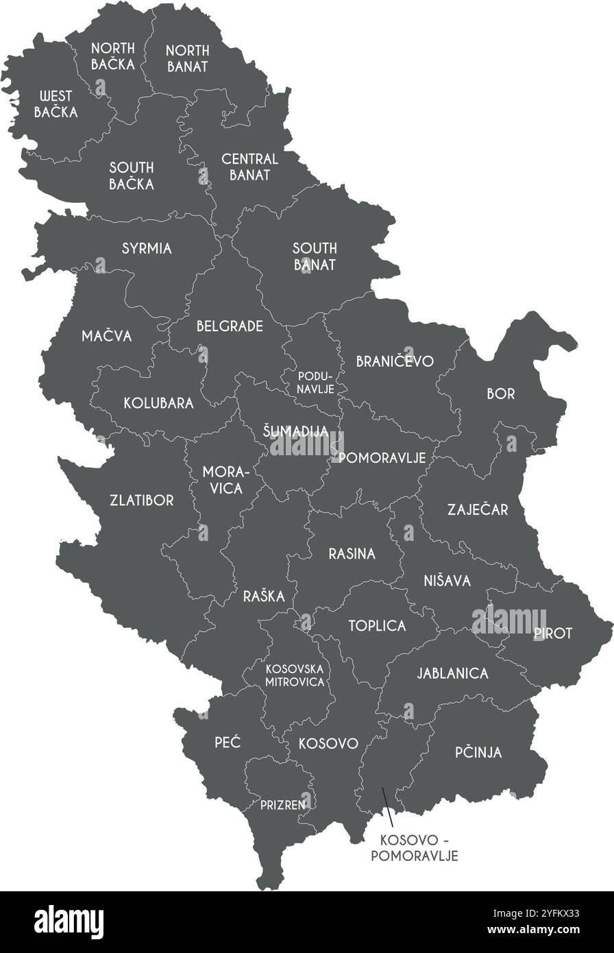 Carte régionale vectorielle de la Serbie avec districts ou territoires et divisions administratives. Calques modifiables et clairement étiquetés. Illustration de Vecteur