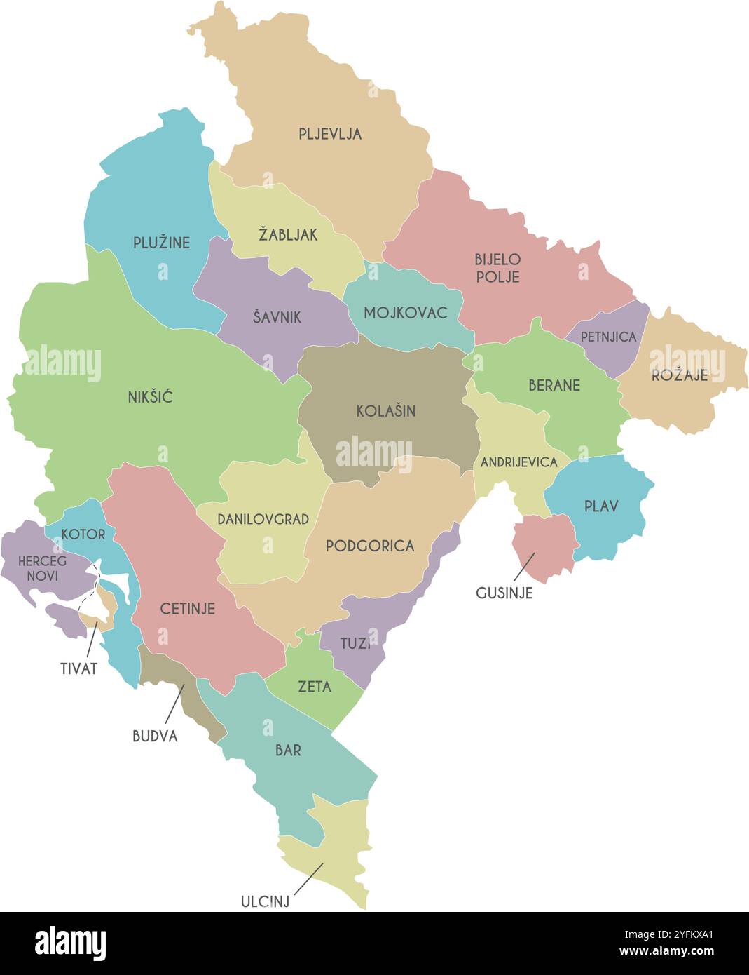 Carte vectorielle régionale du Monténégro avec les municipalités ou territoires et les divisions administratives. Calques modifiables et clairement étiquetés. Illustration de Vecteur
