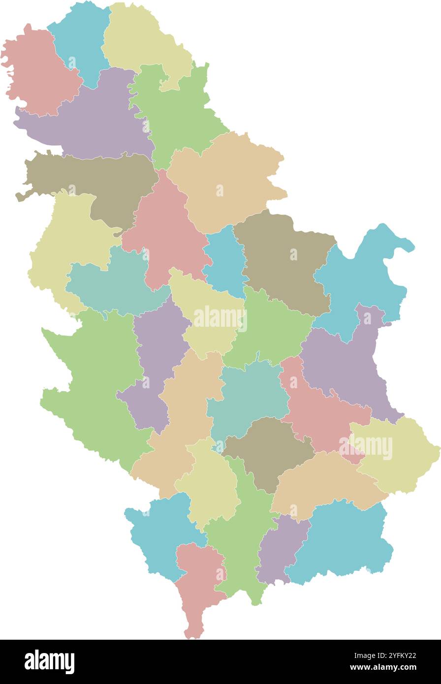Carte vierge régionale vectorielle de la Serbie avec districts ou territoires et divisions administratives. Calques modifiables et clairement étiquetés. Illustration de Vecteur