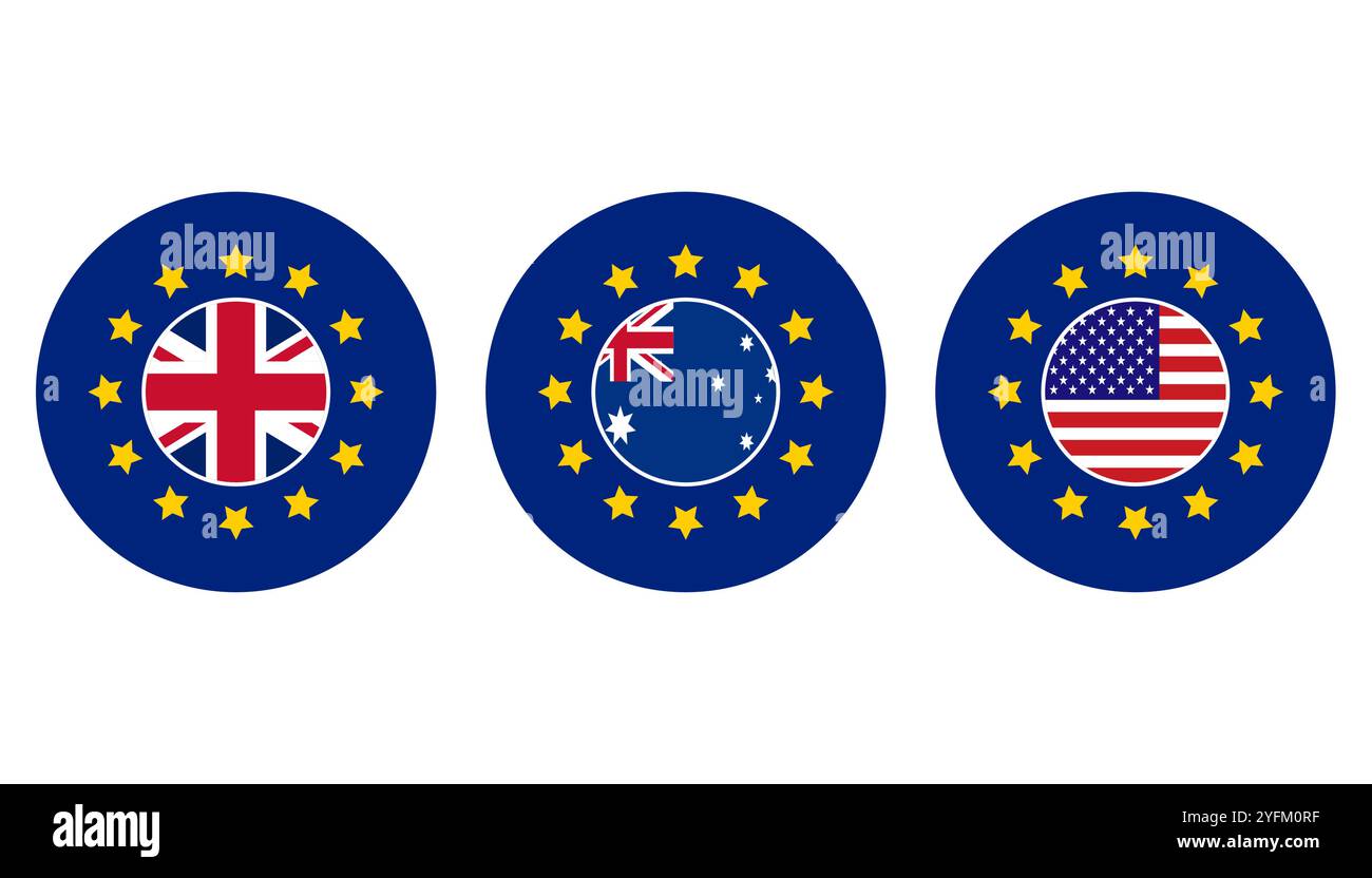Drapeaux du Royaume-Uni, de l'Australie et des États-Unis sur fond de l'Union européenne Illustration de Vecteur