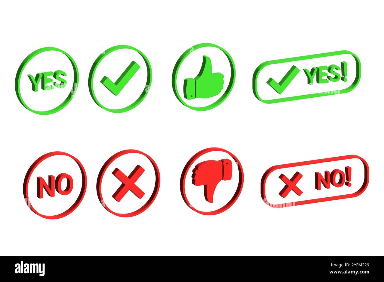 Ensemble d'icônes d'affirmation positives vertes comprenant le texte oui et des coches à côté des icônes de rejet négatives rouges. Illustration de Vecteur