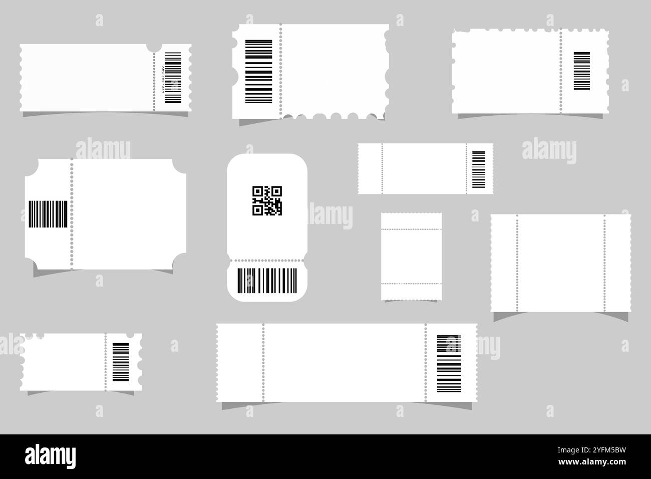 Variété de modèles de billets vierges avec codes QR et codes-barres. Illustration de Vecteur