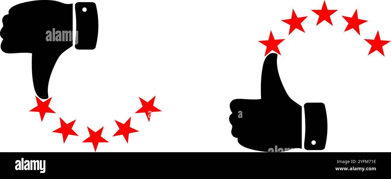 Pouces vers le haut et pouces vers le bas avec des étoiles rouges formant des demi-cercles, symbolisant les cotes d'approbation et de désapprobation. Illustration de Vecteur