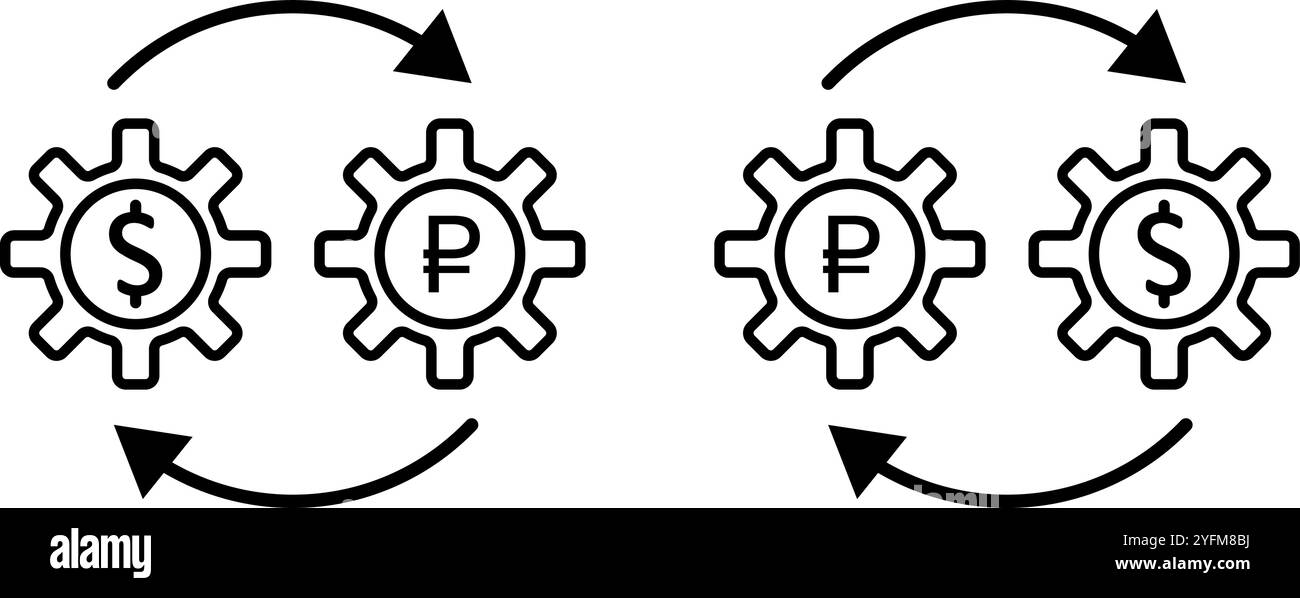 Système de change de devises représenté avec des engrenages interconnectés. Illustration de Vecteur