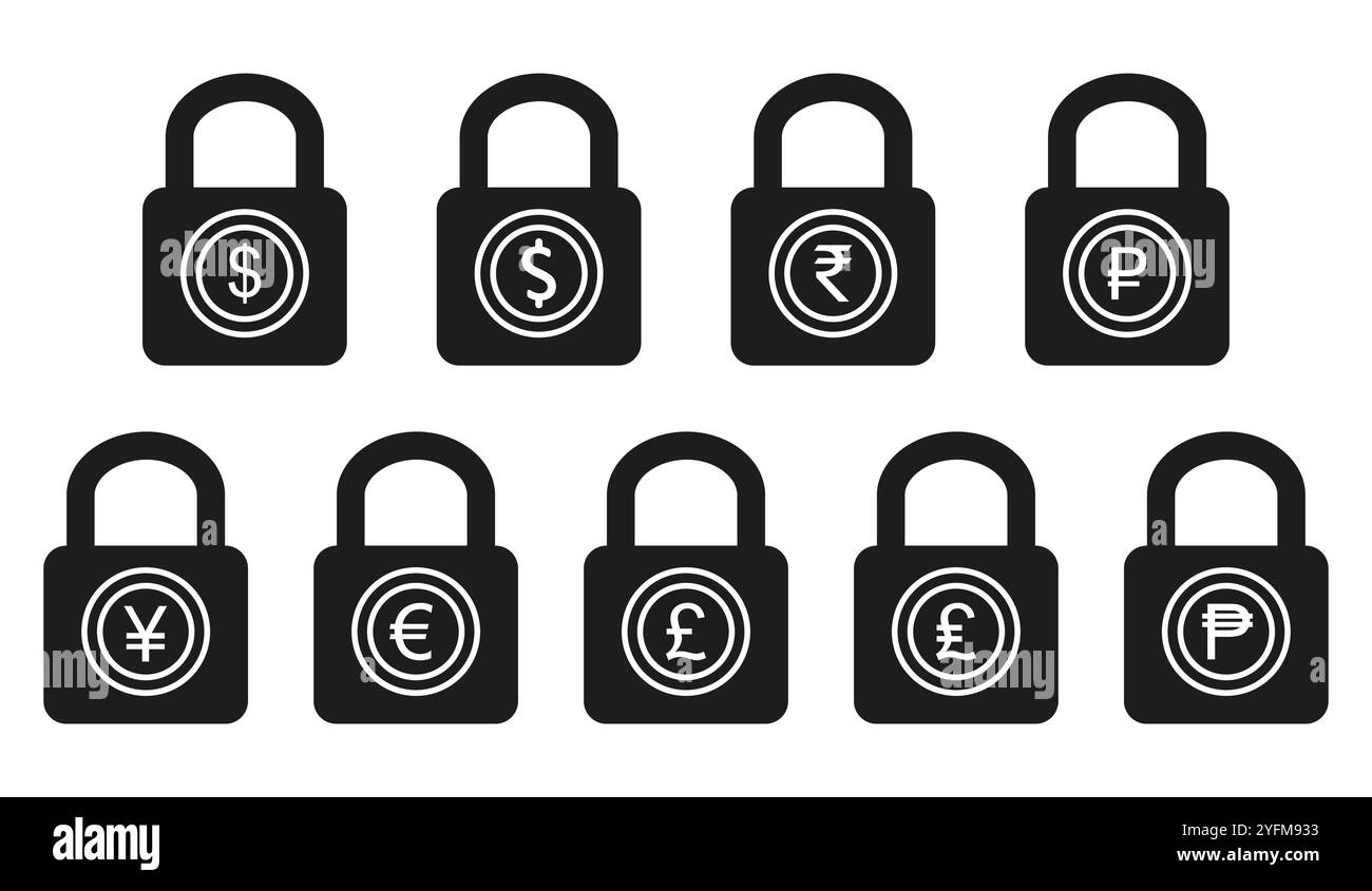 Devises mondiales sécurisées : un graphique vectoriel de cadenas avec des symboles d'argent international. Illustration de Vecteur