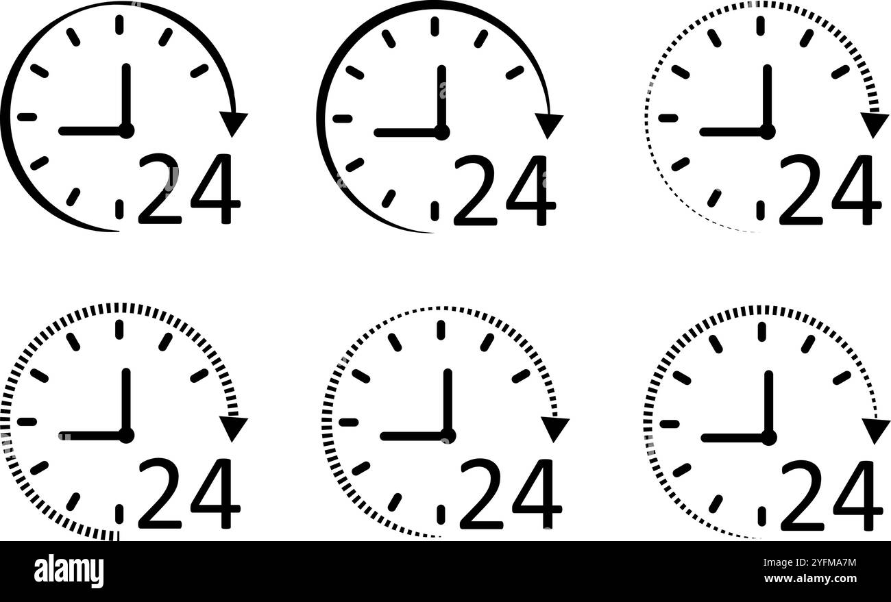 Ensemble d'icônes d'horloge 24 heures pour les entreprises ou les fournisseurs de services. Illustration de Vecteur