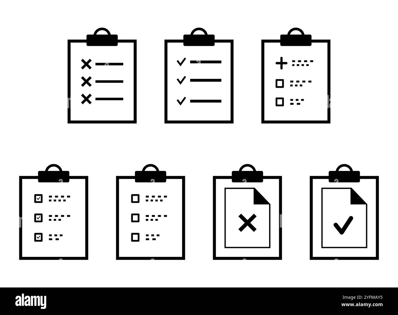 Ensemble d'icônes de document avec des coches et des croix. Illustration de Vecteur