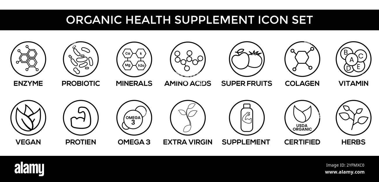 Icônes de suppléments de santé organiques avec enzyme, probiotique, minéraux, acides aminés, Super fruits, collagène, vitamines, Vegan, Protein et USDA Organic Illustration de Vecteur