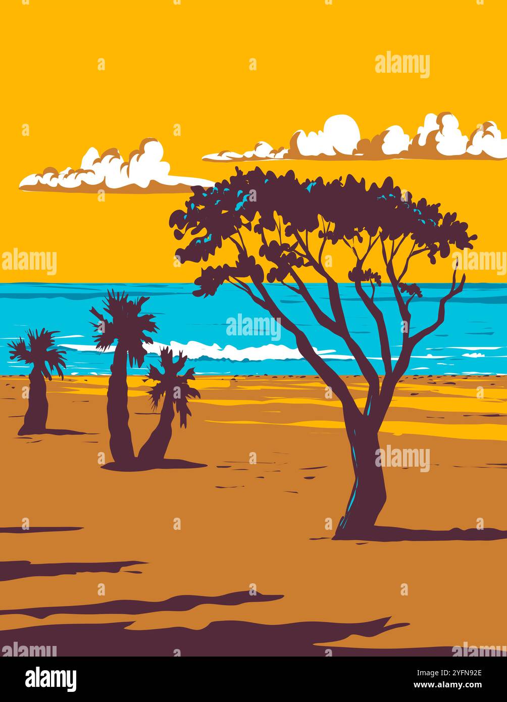 WPA affiche art de surf Beach à Topanga Beach à Malibu situé dans l'ouest du comté de Los Angeles, Californie, États-Unis États-Unis fait en travaux projet adm Illustration de Vecteur