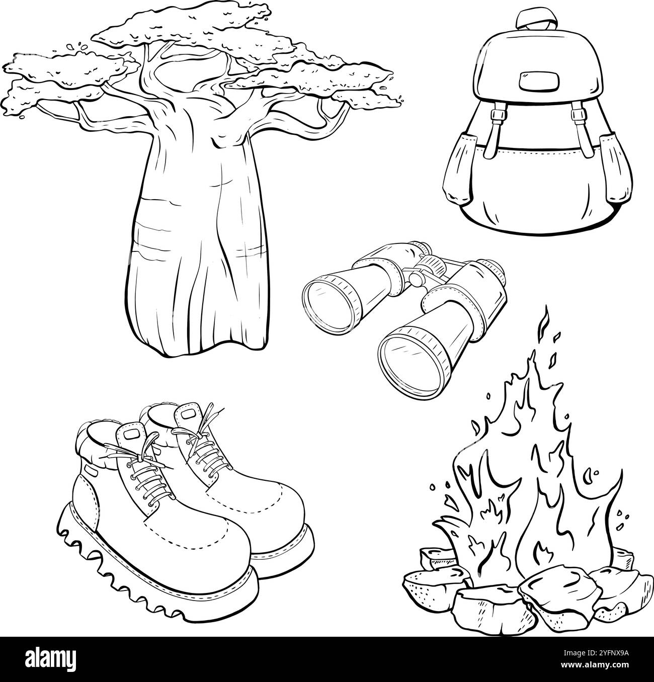 Outdoor Adventure Essentials équipez-vous et explorez le magnifique monde naturel qui vous entoure. Illustration d'esquisse vectorielle. Tourisme Illustration de Vecteur