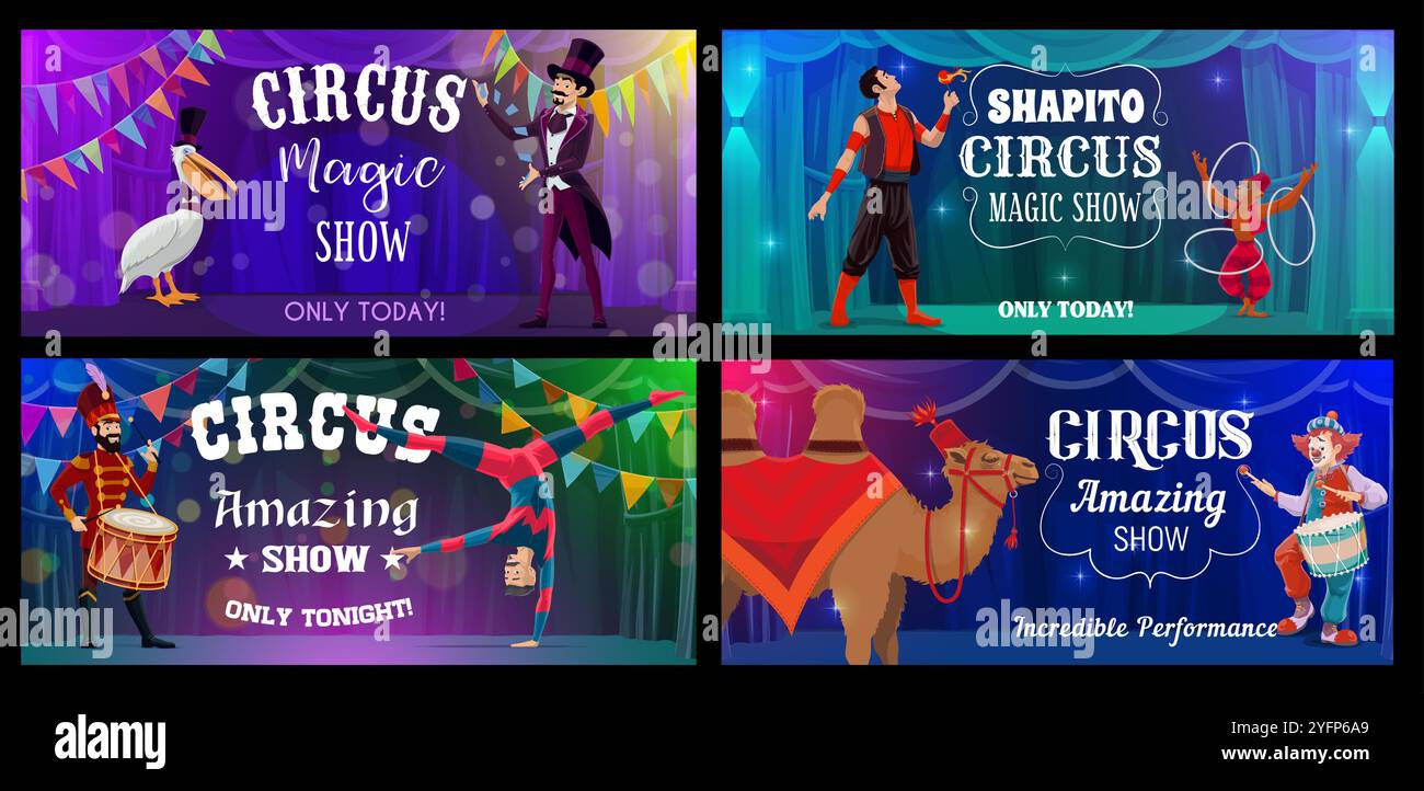Bannières de cirque pour le carnaval funfair avec des artistes et des animaux, dessin animé vectoriel. Tente chapiteau affiche des affiches de spectacle avec clown, jongleur de singe et homme mangeur de feu avec acrobate et chameau funfair Illustration de Vecteur