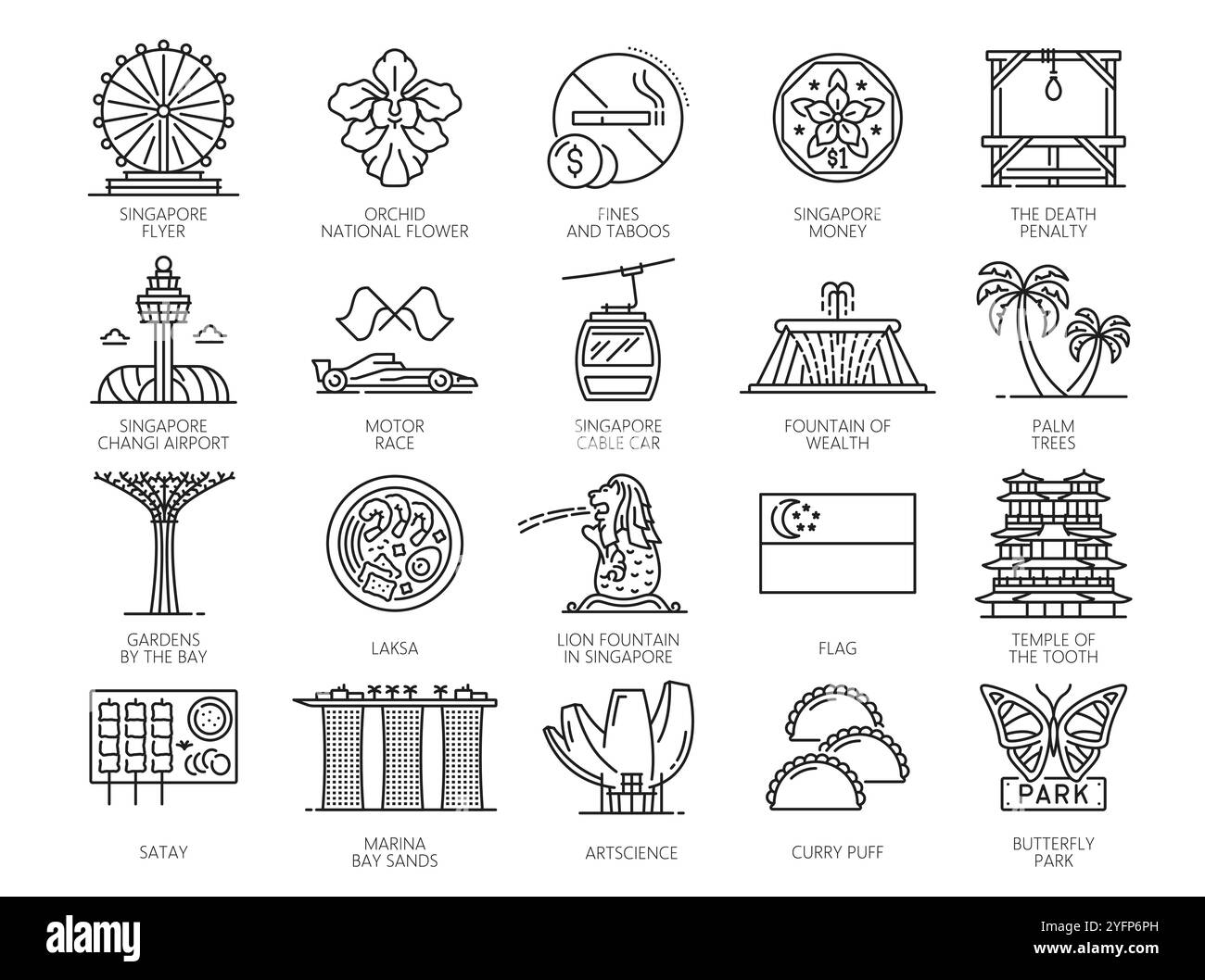 Singapour voyage des icônes de vacances avec des repères minces. Vector Singapore Flyer, drapeau, bâtiments de Marina Bay Sands et de l'aéroport de changi. Musée ArtScience, orchidée et jardins par les panneaux de contour de la baie Illustration de Vecteur