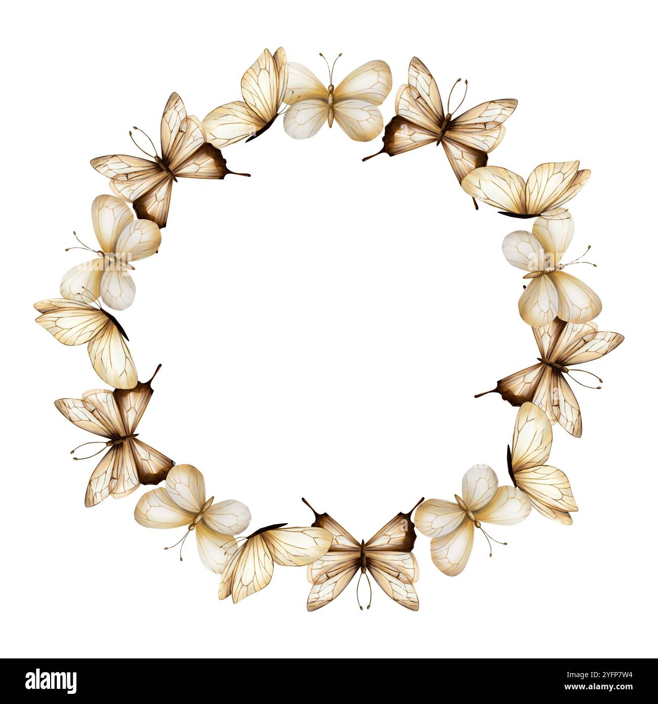 Couronne, cadre, logo avec des papillons boho. Aquarelle dessinée à la main clipart d'insecte beige isolé sur fond. Illustration botanique et de mariage. Pour Banque D'Images