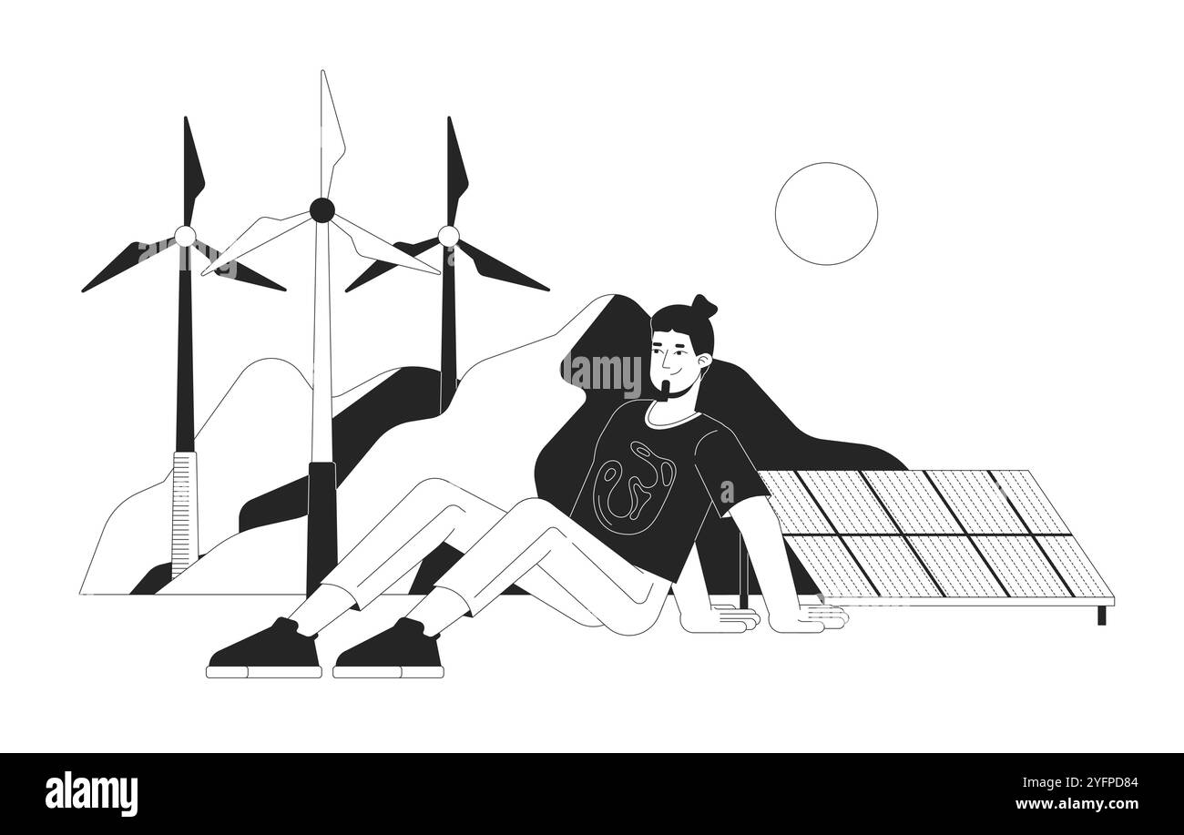 Générateurs durables énergie renouvelable concept d'illustration 2D noir et blanc Illustration de Vecteur