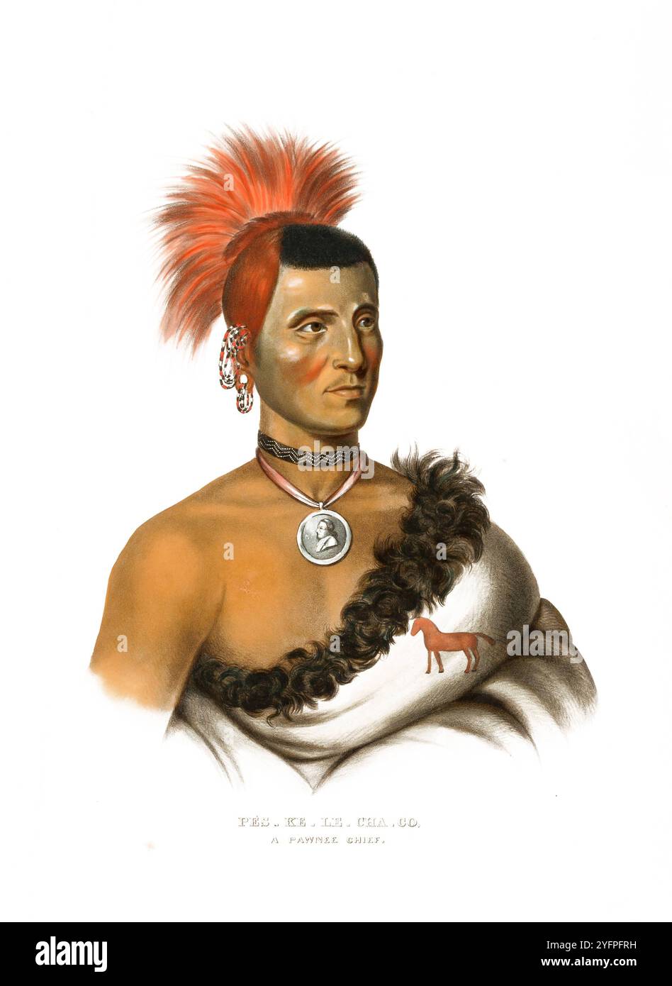 Indianer, Ureinwohner von Nordamerika, PES-Ke-le-Cha-Co, Häuptling vom Stamm der Pawnee, Vereinigte Staaten von Amerika, USA, Gemälde von Charles Bird King 1785 - 1862, um 1840, Historisch, digital restaurierte Reproduktion von einer Vorlage aus dem 19. Jahrhundert, date du dossier non précisée Banque D'Images