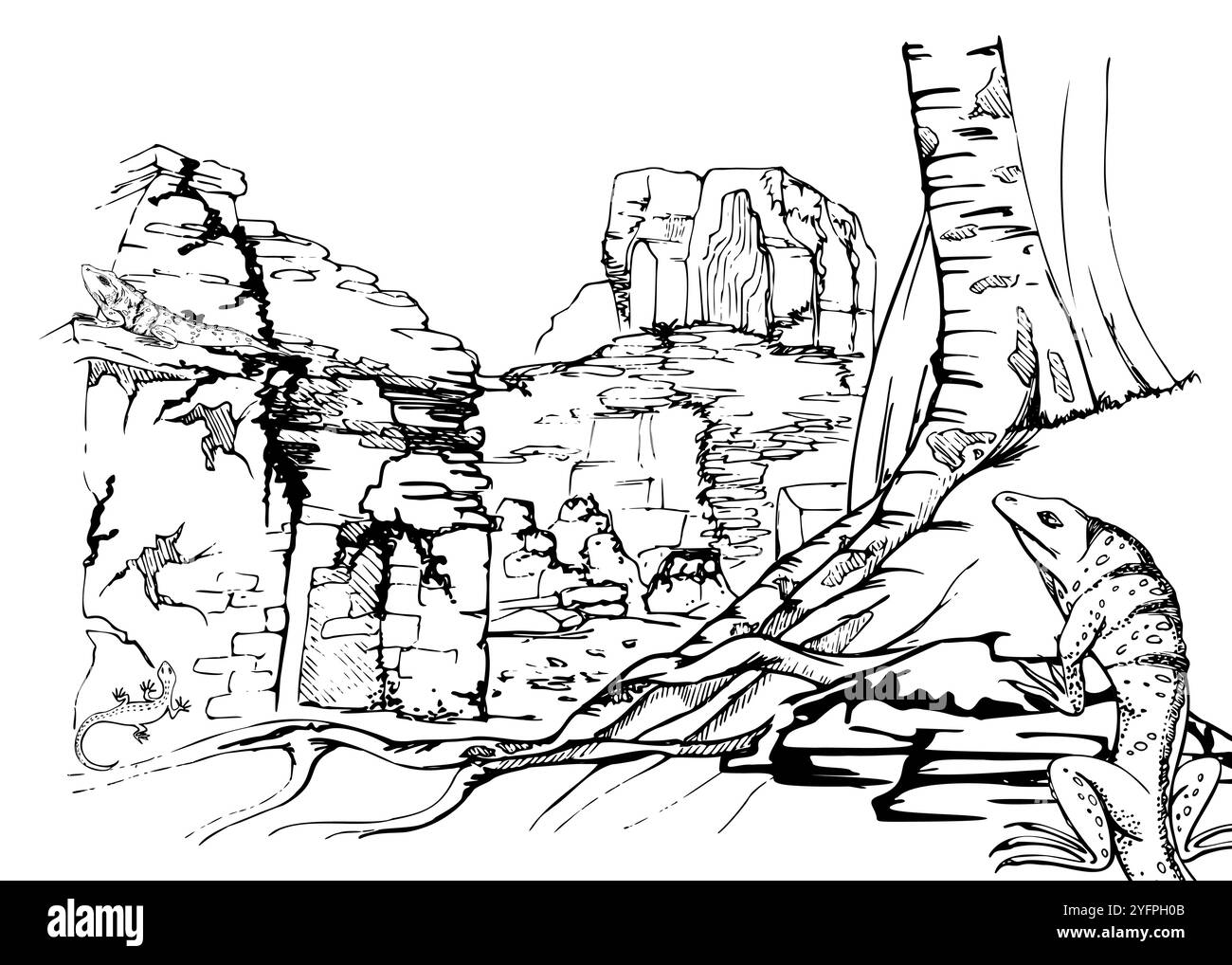 Mesoamerica Asie ancienne culture religieuse temple pyramidal ruines dans la jungle, racines d'arbre des lézards iguanes. Illustration vectorielle d'encre dessinée à la main, isolée Illustration de Vecteur