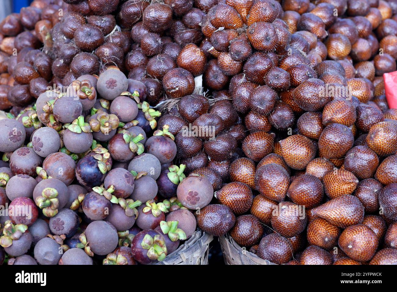 Mangoustan et fruits de salak ou fruits de serpent à vendre au marché alimentaire local. Yogyakarta. Indonésie. Banque D'Images