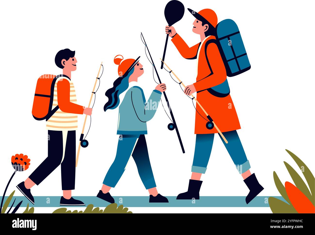 Randonnée en groupe avec cannes à pêche Illustration de Vecteur