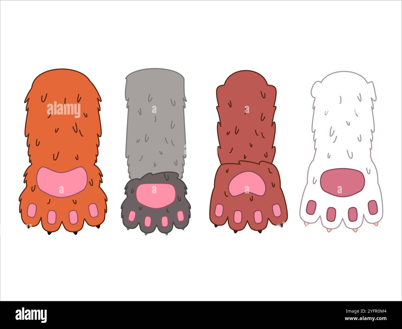 Cat PAW collection fourrures pelucheuses chats pinky pads fourrure colorée différentes races félines mammifères animaux animaux de compagnie icônes ensemble de conception Illustration de Vecteur