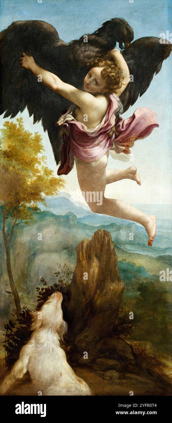 « L’enlèvement de Ganymède » vers 1531-1532 peinture à l’huile de l’artiste italien Antonio da Correggio (1489-1534) montrant la figure mythologique Ganymède, fils de Tros, emportée par Zeus transformée en aigle puissant. Banque D'Images