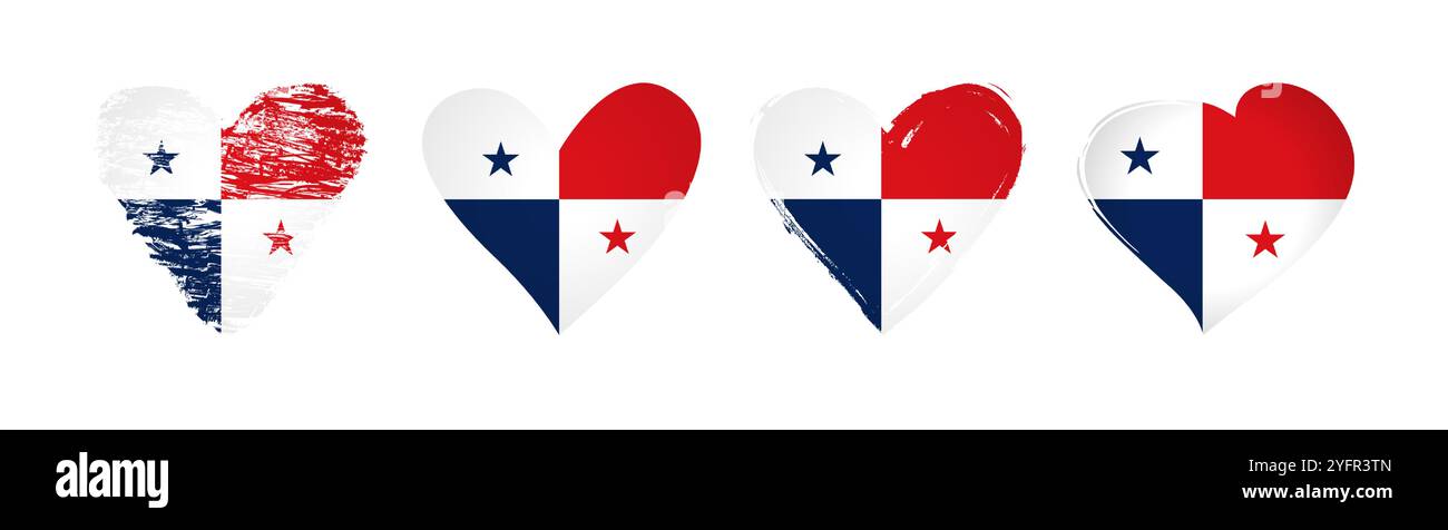 Love Panama collection d'autocollants. Ensemble de symboles de coeur isolés avec drapeau panaméen à l'intérieur et masque de découpage. Design de logo tourisme. Course de brossage Illustration de Vecteur
