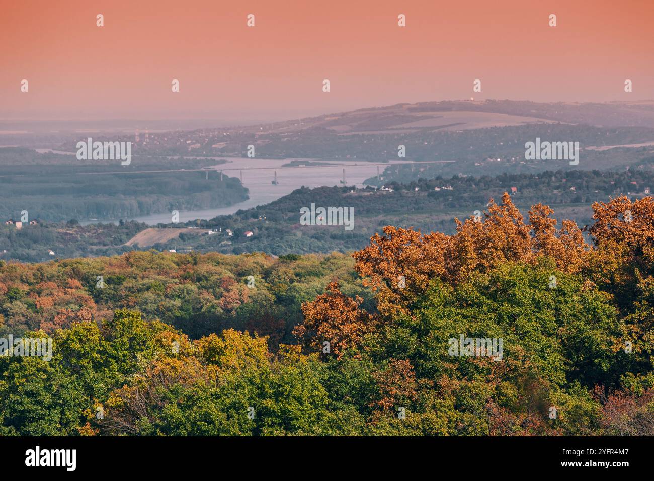 Vue panoramique sur le Danube serpentant à travers la forêt d'automne, mettant en valeur les couleurs vibrantes de l'automne et la végétation luxuriante Banque D'Images