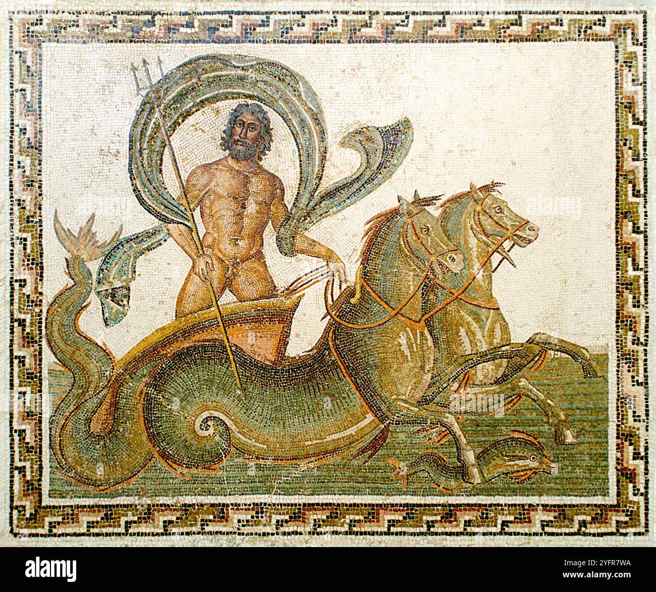 Mosaïque romaine 'Neptune' montrant Neptune, le Dieu de la mer, chevauchant un char tiré par des chevaux de mer. Banque D'Images