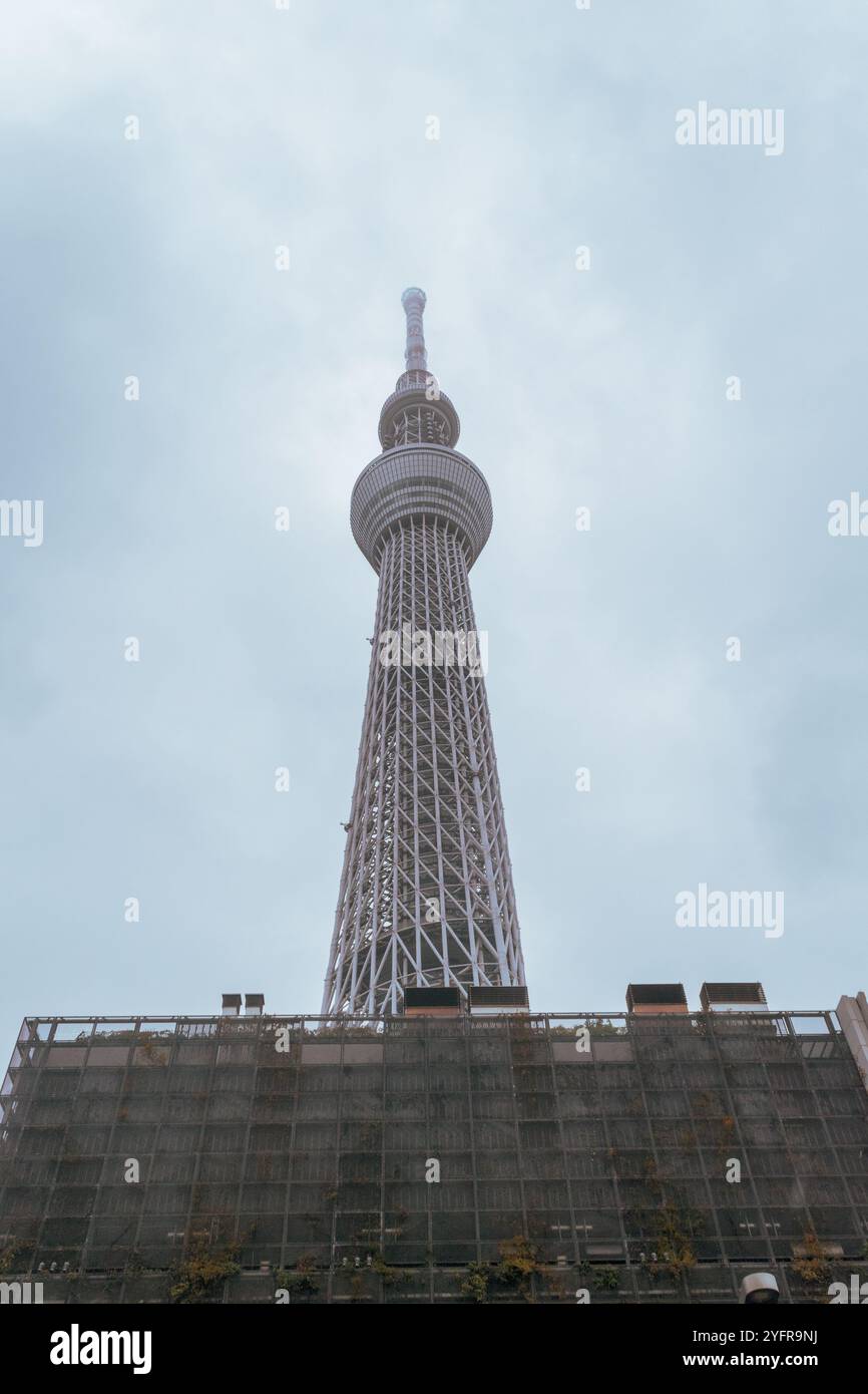 Une vue sur le Tokyo Skytree qui s'élève dans le ciel nuageux par temps couvert, mettant en valeur sa hauteur impressionnante et son design technique Banque D'Images