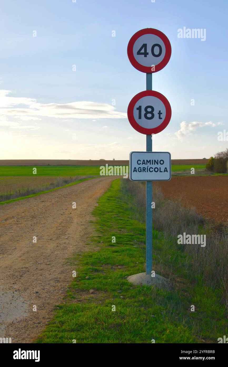 Piste de terre entre les champs avec une limite de vitesse de 40 kmh et une limite de poids de 18 tonnes près du village de Lantadilla Palencia Espagne Europe Banque D'Images