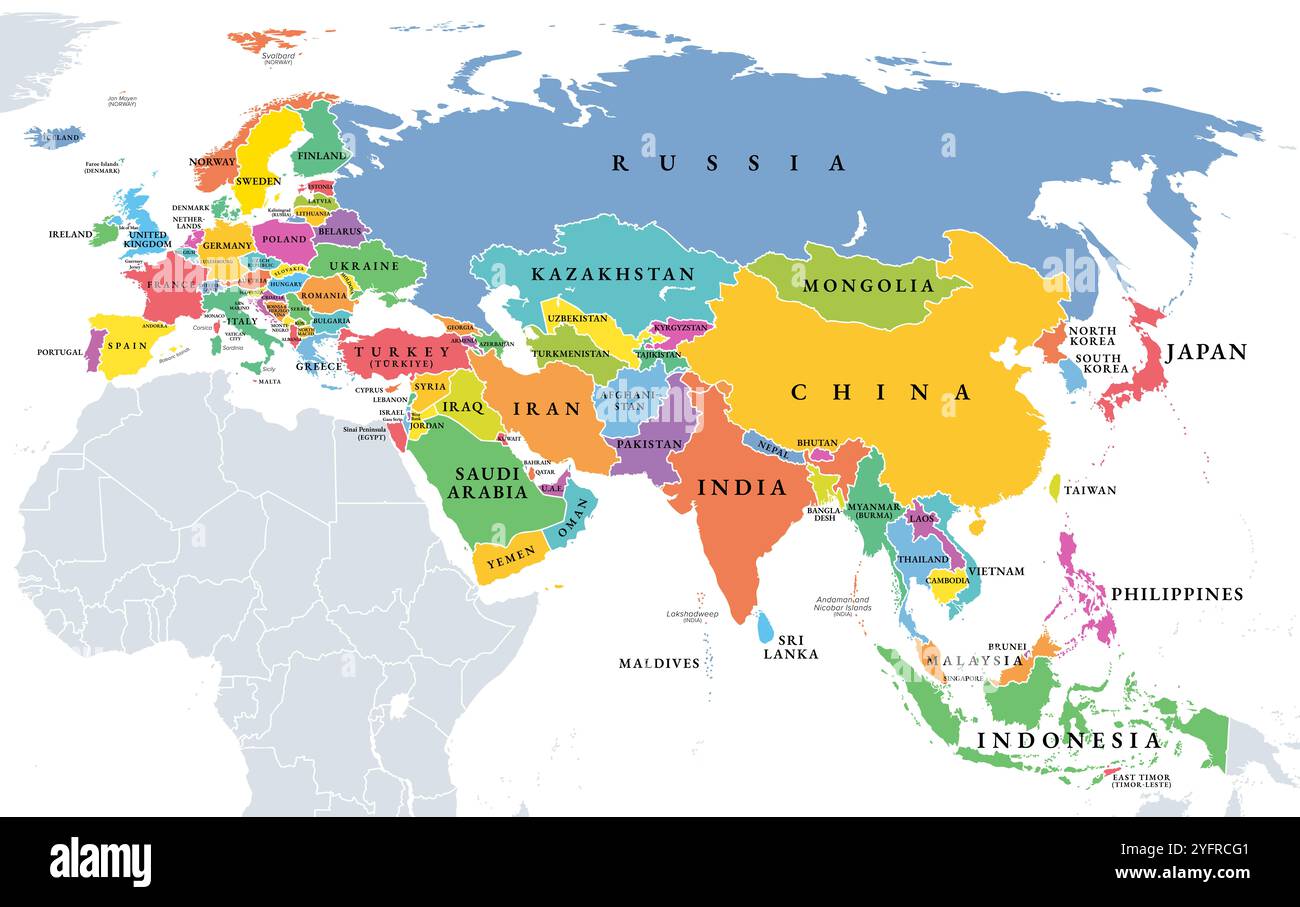 Eurasie, carte politique avec des états colorés individuellement. La plus grande zone continentale de la Terre, comprenant toutes les masses continentales d'Europe et d'Asie. Banque D'Images