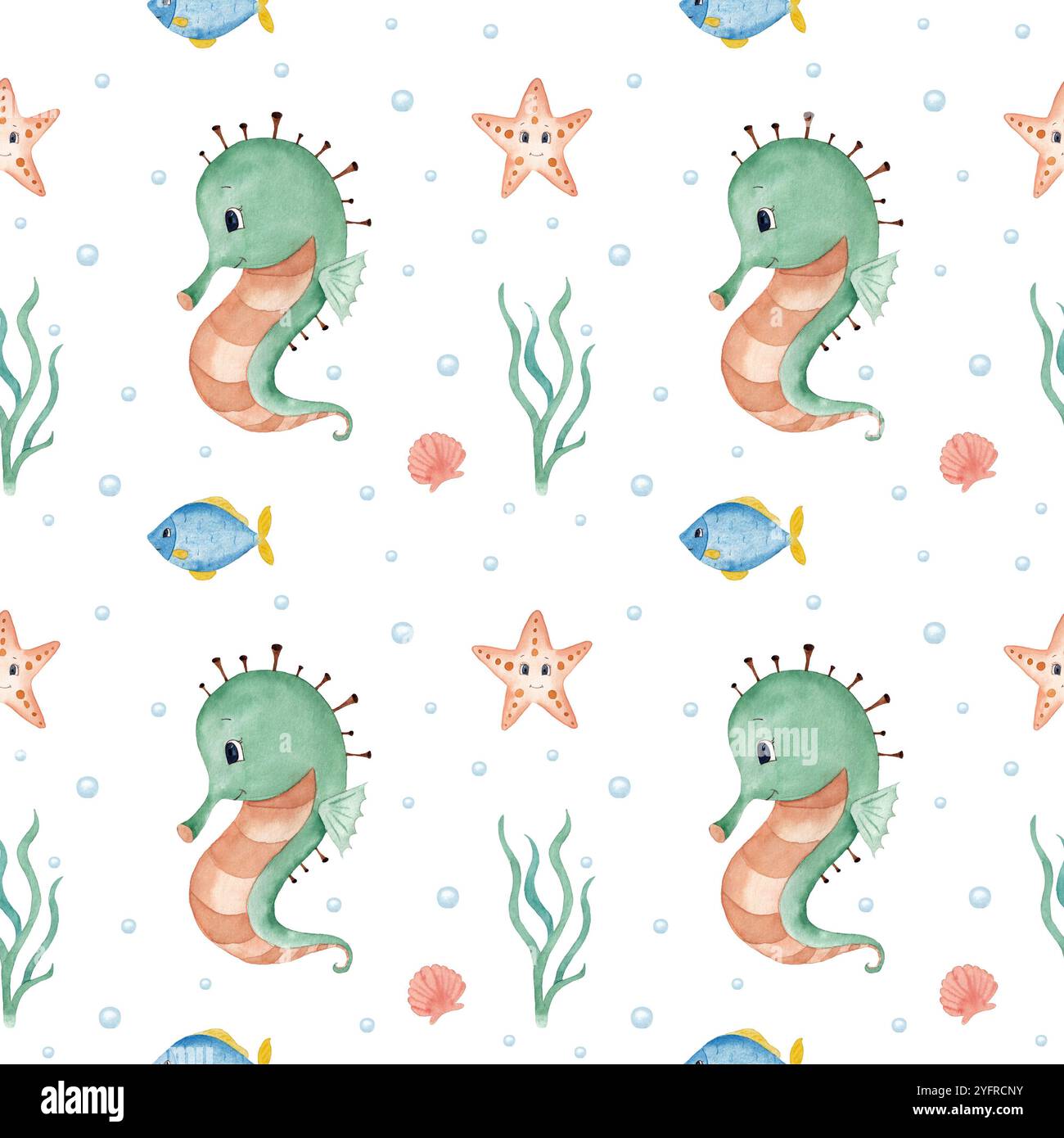 Motif de mer à l'aquarelle avec hippocampe, coquillages, étoiles de mer, algues, bulles. Parfait pour le papier peint, les textiles en tissu et le papier d'emballage. Banque D'Images
