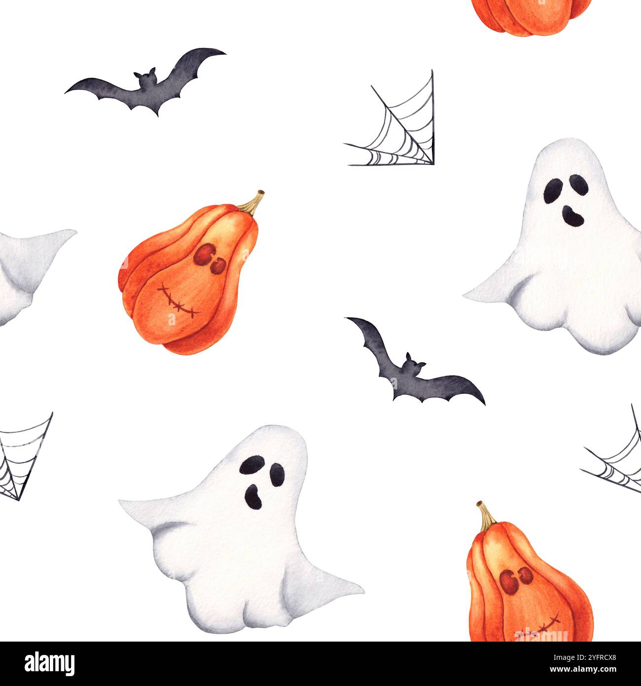 Modèle sans couture d'Halloween avec fantômes, citrouilles et chauves-souris. Aquarelle dessinée à la main impression sans couture Banque D'Images