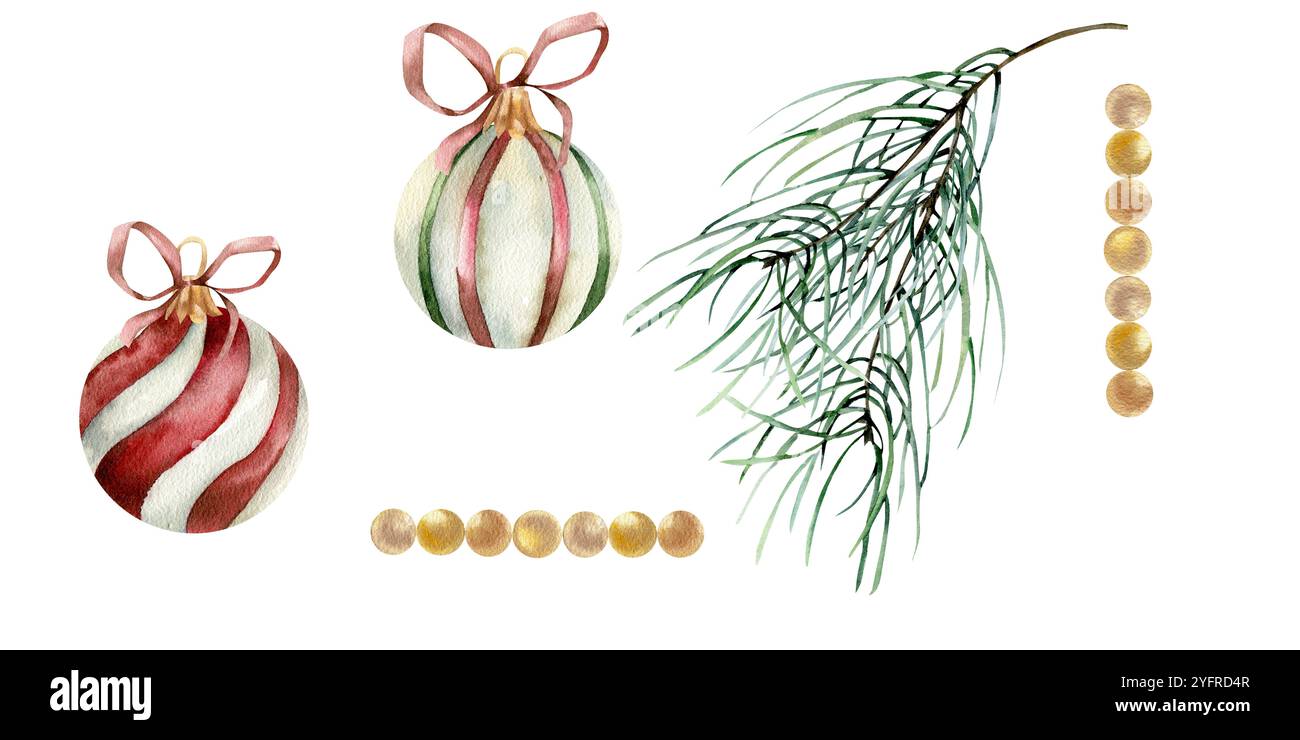 Éléments de décoration d'arbre de Noël avec boules rayées vintage , branche de pin et perles dorées. La saison d'hiver et les éléments isolés festifs du nouvel an Banque D'Images