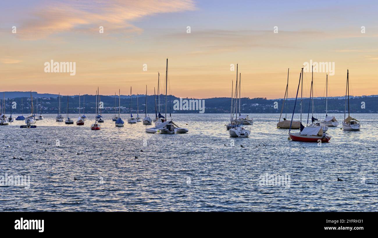 Bodensee Lake Sunrise Panorama. Lumière du soleil matinale sur les eaux tranquilles. Assistez à l'aube fascinante sur le lac Bodensee en Allemagne, capturé à partir d'un bateau Banque D'Images