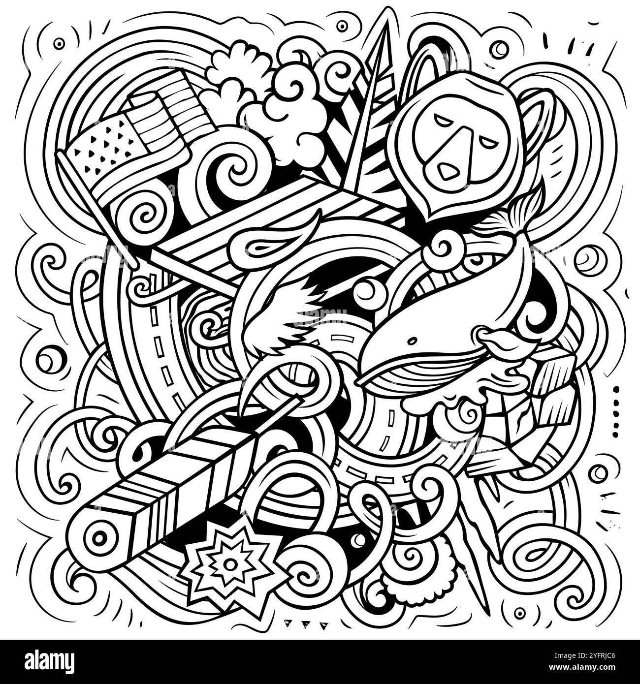 Dessin animé Alaska dessiné à la main illustration de doodle. Drôle de design d'État des États-Unis. Fond de vecteur d'art créatif. Composition sommaire Illustration de Vecteur