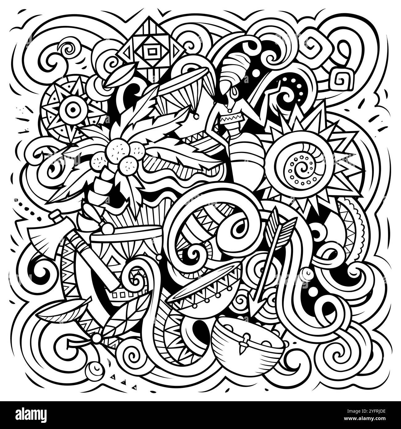 Illustration de dessins animés dessinés à la main en Afrique. Design de voyage amusant. Arrière-plan vectoriel d'art créatif. Symboles, éléments et objets africains. Couleur c Illustration de Vecteur
