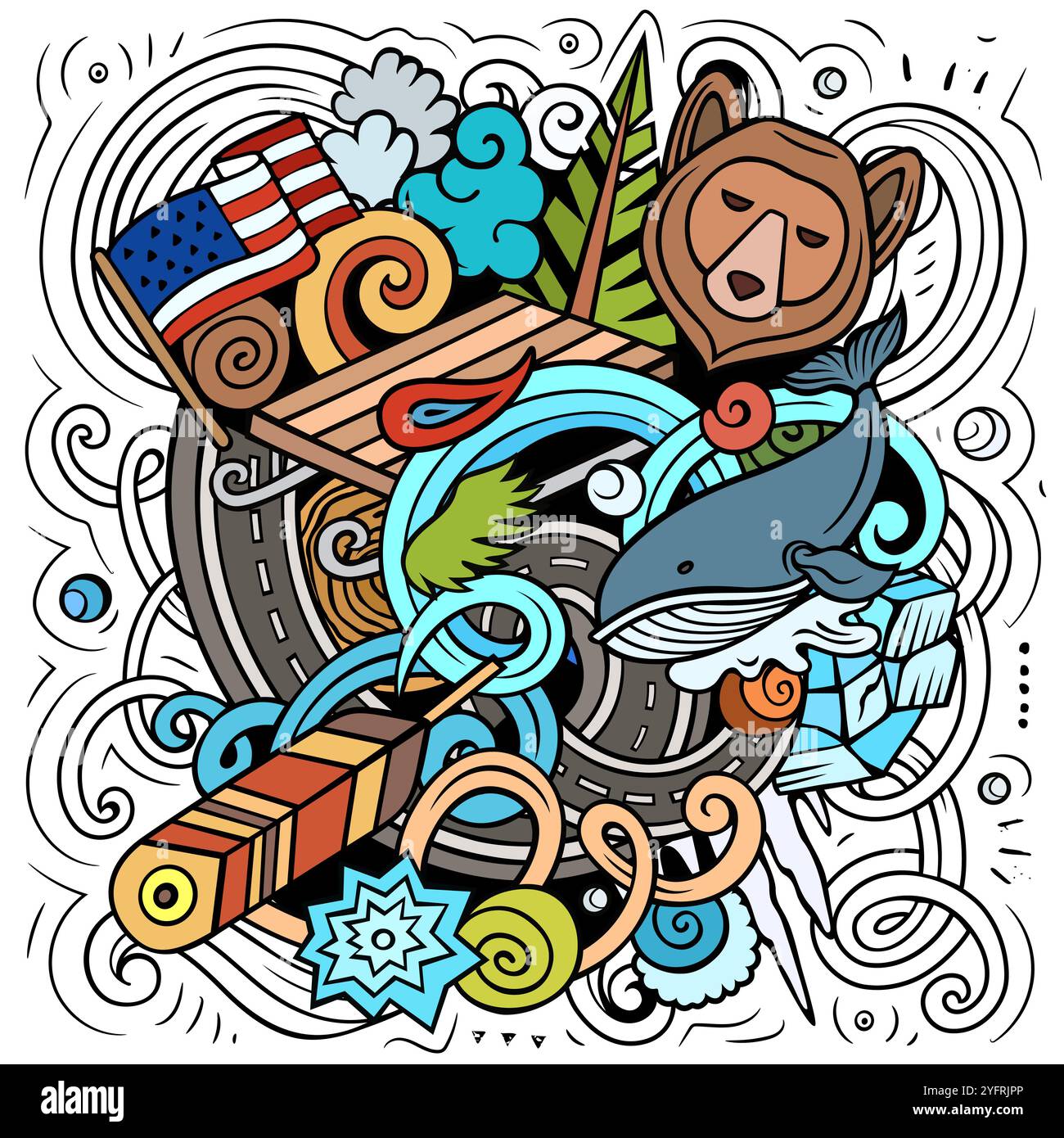 Dessin animé Alaska dessiné à la main illustration de doodle. Drôle de design d'État des États-Unis. Fond de vecteur d'art créatif. Composition colorée Illustration de Vecteur